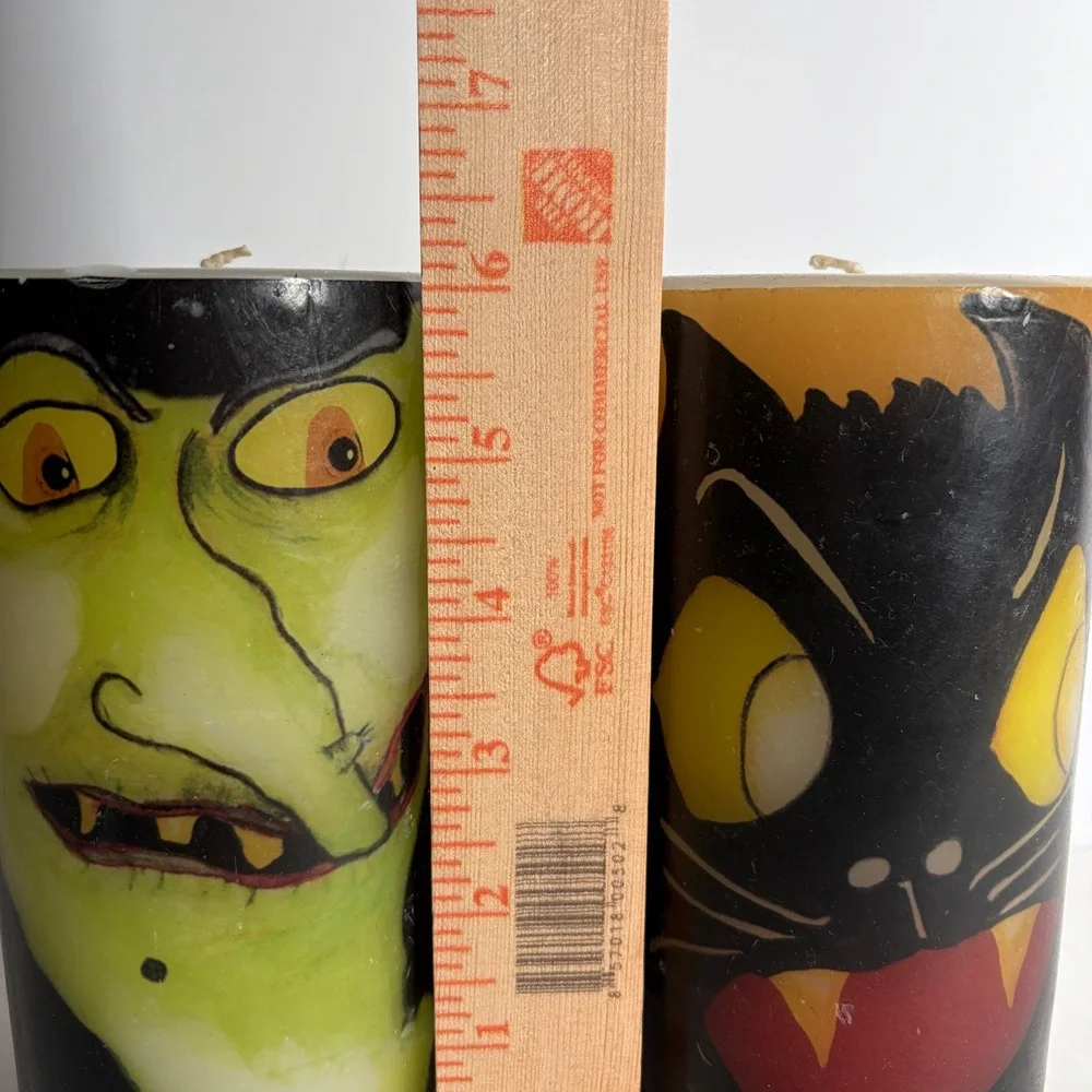 VTG Style Halloween Pillar Candles Set Green Witch Black Cat Fangs 6in Decor
